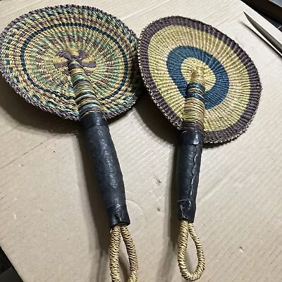 Vintage Handmade Multi Colors Straw Work Floral Hand Fan Leather Handle • $127