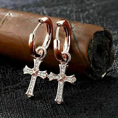 1 Ct Lab Created Diamond Men/Women Cross Hoop Earrings Rose Gold Plated • $86.63