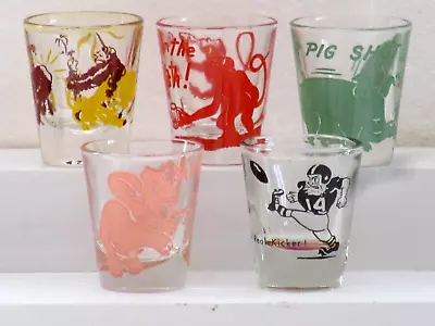 Vintage Lot Bar Shot Glasses Monkey Pink Elephant Green Pig Football 1950s 60s • $11.99