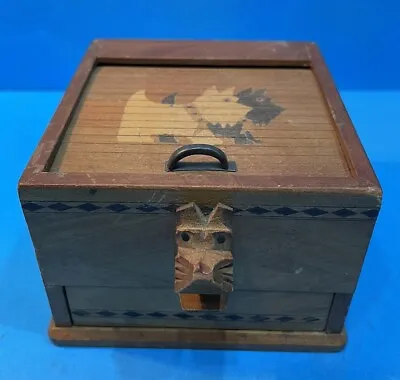 Vintage Wood Inlay Japanese Scottie Puzzle Mechanical Cigarette Dispenser Box  • £28