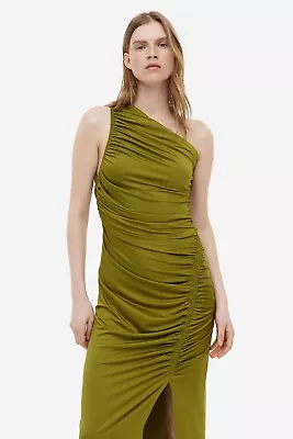 H&m Draped One-shoulder Dress Midi Pleated Body Con Olive Green S Small 8 4 36 • £59.99