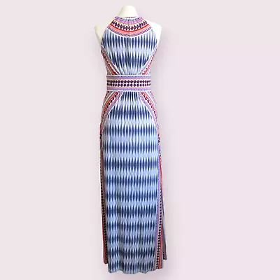 LONDON TIMES Mixed Print Maxi Dress Size 8 Halter Bohemian Geometric Keyhole • £28.94