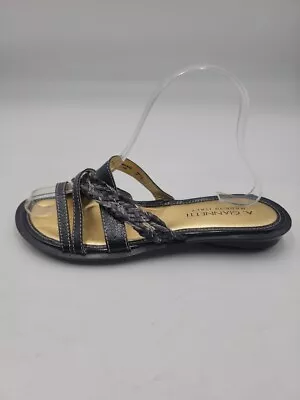 A. Giannetti Women's Sz 7.5 Strappy Slide Leather Flat Black Gold Sandals • $29.99