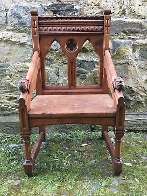 Fine Carved Neo Gothic Cathedra Library Desk English Church Chapel Throne Chair • £1999.99