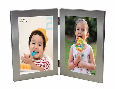 £14.99 • Buy Silver Twin 2 Picture Vertical Double Hinged Folding Photo Frame 6 X 4 Gift 4x 6