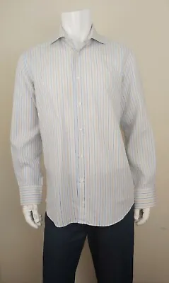 $35 • Buy DOMENICO VACCA Light Blue Tan Striped Spread Collar Cotton Shirt Italy  Sz 15.75