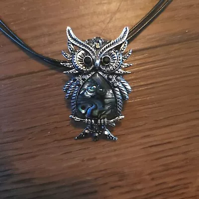 Intricate Abalone Shell Black Rhinestone Owl Pendant Necklace  • $19.88