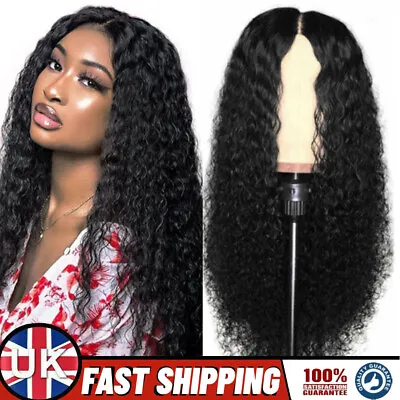Womens Black Wig Loose Long Curly Wavy Brazilian Virgin Hair Wigs Pre Plucked • £12.34
