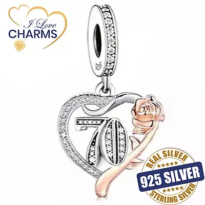 💝 70th Birthday Charm 925 Sterling Silver Number 70 Rose Anniversary Heart Gift • £16.94