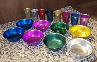 16 Vintage Jewel Color Aluminum Bowls & Tumblers (Sunburst) • $60