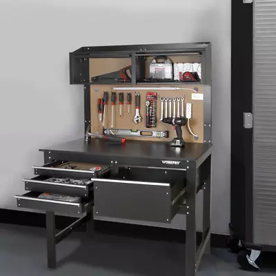GARAGE WORKBENCH CABINET COMBO 4-Ft With Light And Tool Pegboard Steel Wood • $249.44
