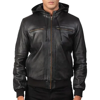 Men’s Classic Black Leather Hooded Bomber Jacket Stylish Handmade Leather Jacket • $53.33