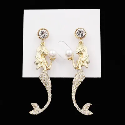 Golden Pearl Crystal Rhinestone Mermaid Earbob Dangle Earrings Womens Jewelry  • $6.99