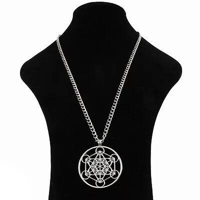 Large Silver Archangel Metatron's Cube Symbol Pendant On Long Chain Necklace 34  • $5.04