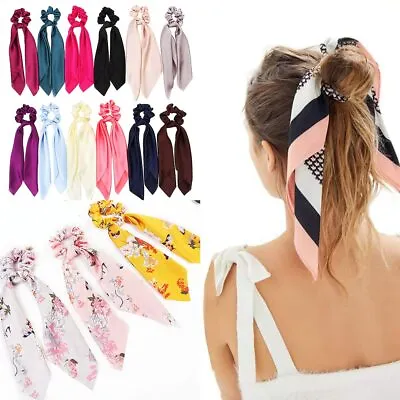 Solid/Floral Bow Satin Long Ribbon Ponytail Scarf Hair Tie Scrunchie Elastic • £3.69
