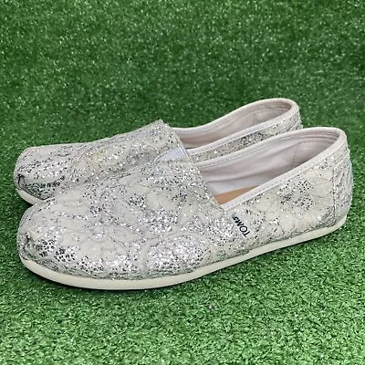 Toms Silver Lace Glitter Woman’s Slip On Casual Comfort Flats Shoes 7 Wide • $13.29