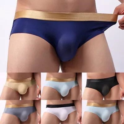 Men's Sexy U Convex Tight Elastic Ice Silk Briefs Middle Waist Underwear • £8.08