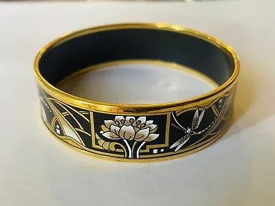 Michaela Frey Gold Plated Enamel Bangle Bracelet Floral Flowers Black & Gold • $125