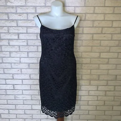 VTG Onyx Nite Black Scalloped Lace Lined Sleeveless Wiggle Cocktail Dress Sz 16 • $120