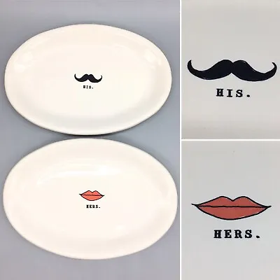 2 Rae Dunn His Mustache Hers Lips Oval Plate Set Dessert Appetizer Wedding Gift • $19.99