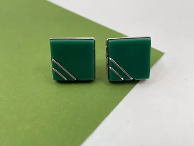 Vintage Sterling Silver Large Square Green Onyx Cufflinks Mexico Mens Womens • $24.95