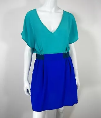 MYNE Ashley Ann V Neckline Short Sleeve Dress 10 100% Silk Blue Turquoise   • $29.99