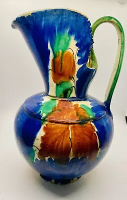 Lrg Vintage Pitcher Mexico Drip Glaze Tri-Color Pottery Sawtooth Edge Oaxaca 12” • $24