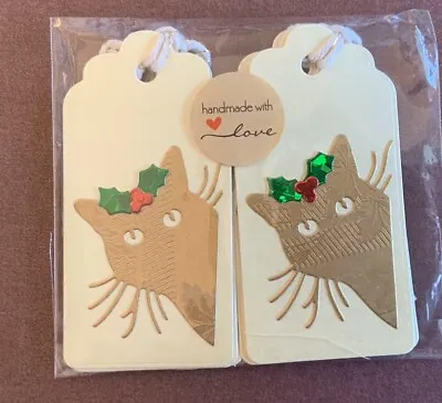 Set Of 6 Handmade Christmas Gift Tags Gold Cream Cats • £3.25