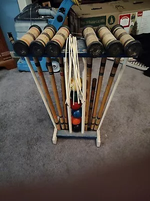 Vintage Six Player Croquet Set Lawn Yard Game With Wooden Stand • $70