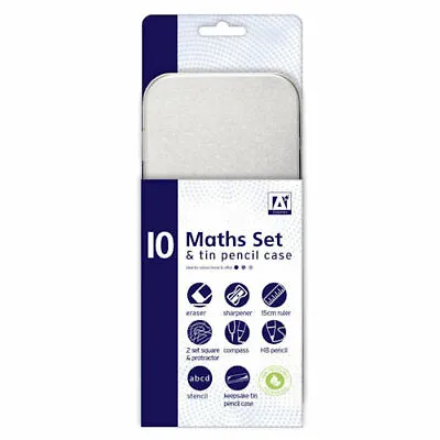 Tinned Maths Set - 10 Piece School Exam Protractor Compass Pencil Eraser Case • £3.09
