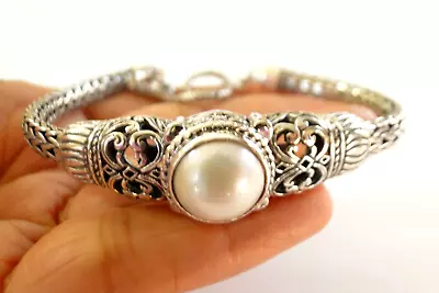 White Mabe Pearl Ornate Balinese Sterling Silver Toggle Bracelet • $199