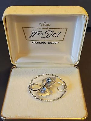Vintage Van Dell Sterling Brooch Pin Signed Faceted Pale Blue Rhinestone In Box • $9.99