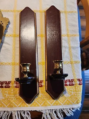2 Vintage Wooden With Gold Wall Sconces Candle Holders  Candlesticks Tall • £14.46