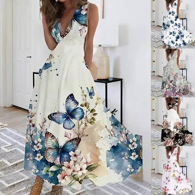 Women V-Neck Boho Floral Maxi Long Dress Ladies Summer Holiday Party Sundresses • $34.09