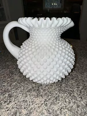 Large Vintage Fenton White Milk Glass Hobnail 8” Ball Pitcher Crimp Top • $48