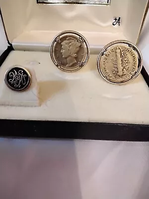 $50.99 • Buy Cufflinks, Mercury Dime, Dated 194#,front And Back,Gold Tone And Tie Tack