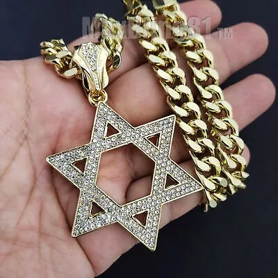 Gold Plated Cubic Zirconia Star Of David Iced & 18  ~ 30  Bling Chain Necklace • $14.99