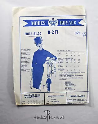 Rare VTG Modes Royale D-217 Sewing Pattern Women's Sheath Dress Size 12-18 • $18