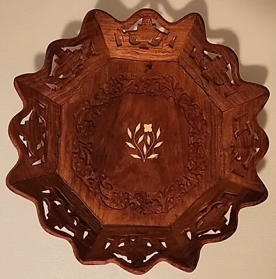 Vintage Indian Hand Carved Wooden Tray With White Floral In-Lays • $10.99
