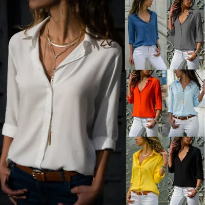 Women's Chiffon Long Sleeve Button Down Shirt Blouse V Neck Tops S-5XL • $12.99