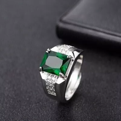 Mens Wedding Ring 14K White Gold Finish 3.02 Ct Emerald Simulated Green Emerald • $122.66