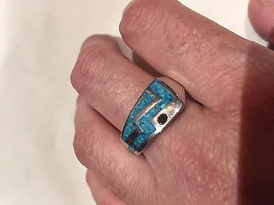 1980's Vintage Silver Size 6 Genuine Turquoise Inlay Southwestern Mountain Ring • $35