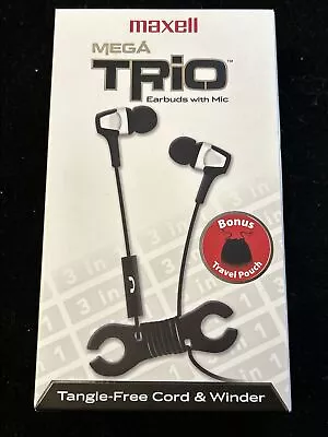 Maxell Mega Trio Black Earbuds With Mic Tangle Free Cord Winder & Carrying Pouch • $8.99