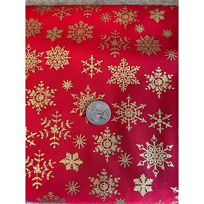 Red Snowflake  Gold Metallic Cotton Christmas Holiday Fabric By The  Yd • $9.50