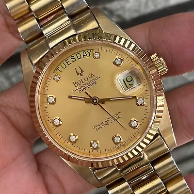 Rare Bulova Chronoprecision President Day Date Gold Diamond Automatic Men Watch • $499