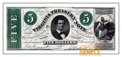 Richmond Virginia Treasury Note (1862) $5 * Quality Art Print * Americana Money • $38.95