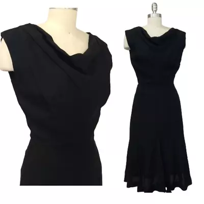 Vintage 1950s Black Dress Size S NOS Deadstock Crepe Old Hollywood Draped Neck • $69.99