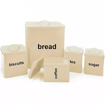 5pc - Cream Metal Bread Bin Sugar Coffee Tea Enamel Coated Storage Canisters Set • £18.85