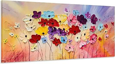 Modern Colorful Floral Canvas Wall Art Hand Painted 3D Flower Artwork Frames • $64.70