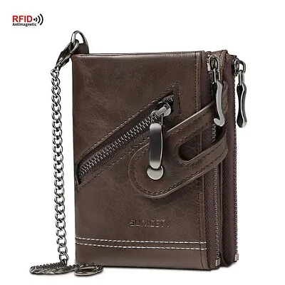 Men’s Leather Bifold Credit Card Holder Chain Wallet W/ Zip Coin Pockets Purse • $17.09